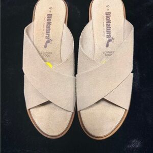 BioNatura Beige Cross-Strap Leather Mules